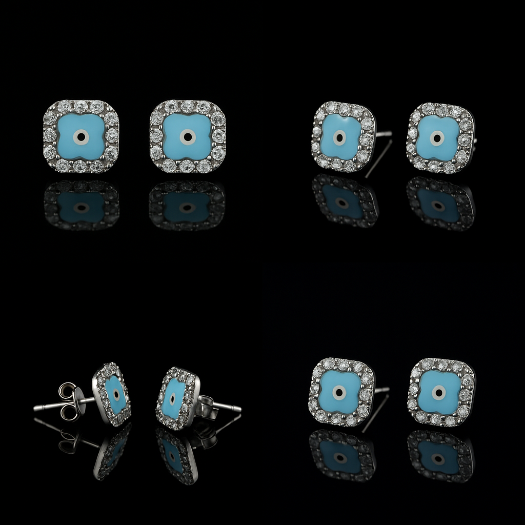 Square Evil Eye Stud Earrings in 925 Sterling Silver with Zircon Border
