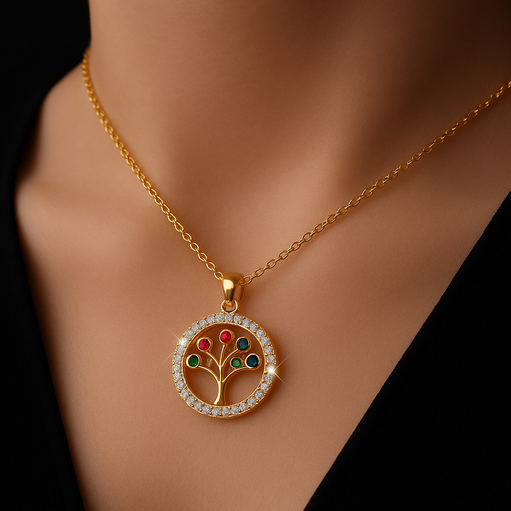 Elegant Tree of Life Necklace in Gold with Sparkling Zircon Stones