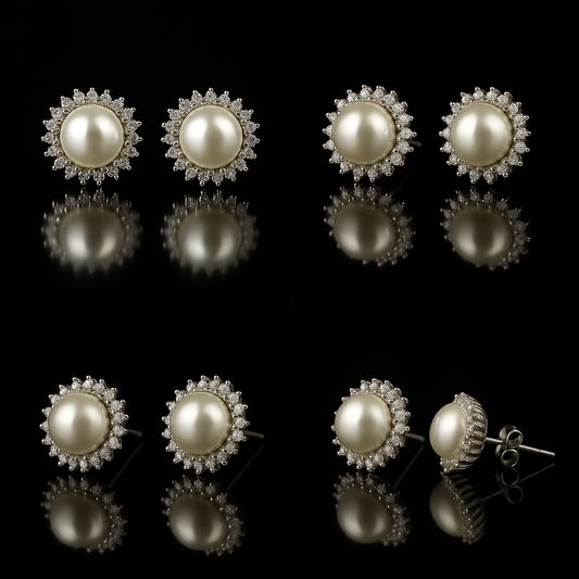 Vintage Pearl Halo Stud Earrings in 925 Sterling Silver with Zircon Detailing